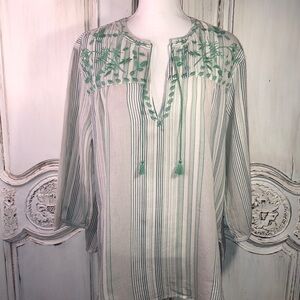 100% Cotton Long Sleeve Embroidered Tie Front Peasant Blouse Size XXL